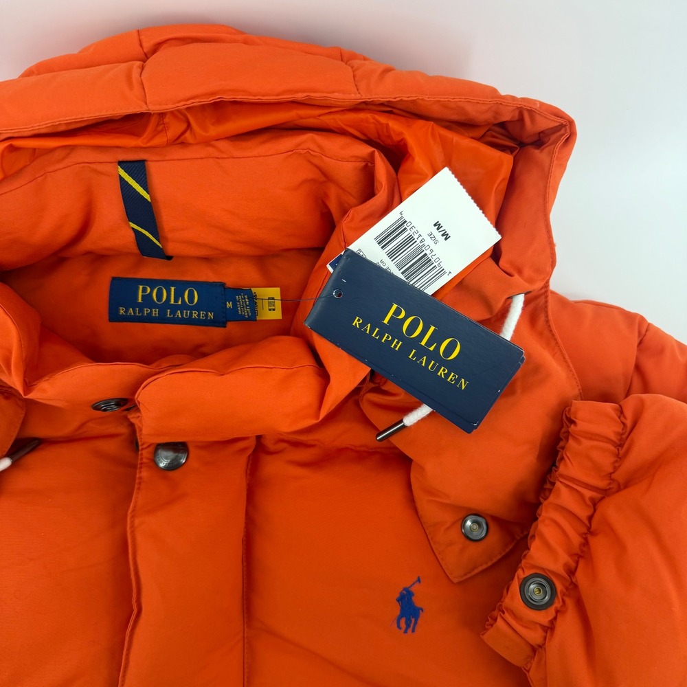 Polo Ralph Lauren Men Medium Orange White Duck Down Insulated Puffer Jacket NWT‎